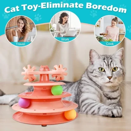 Jouet Interactif à Balles Rotatives pour Chat – Tour à 3 Niveaux